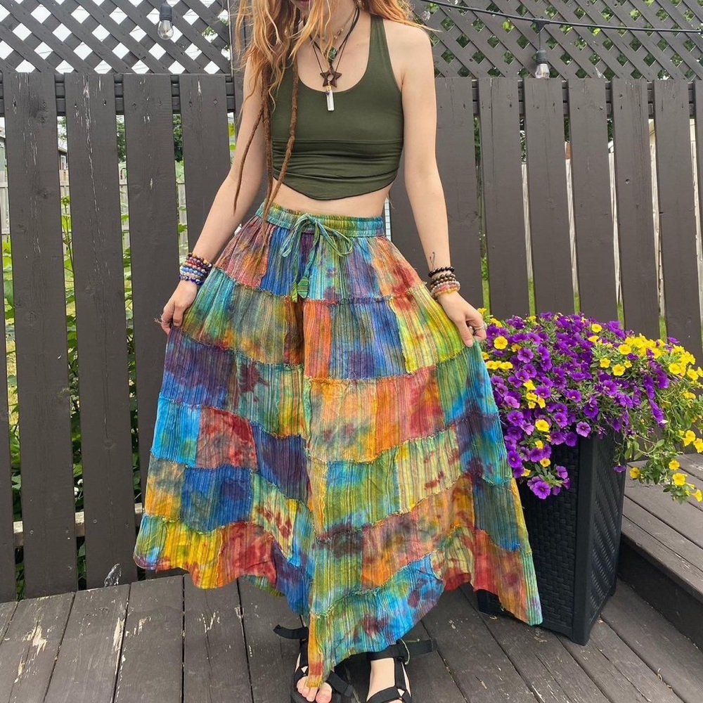 Handmade Tie Dye Boho Hippie Patchwork Long Skirt - Picture 3 of 9